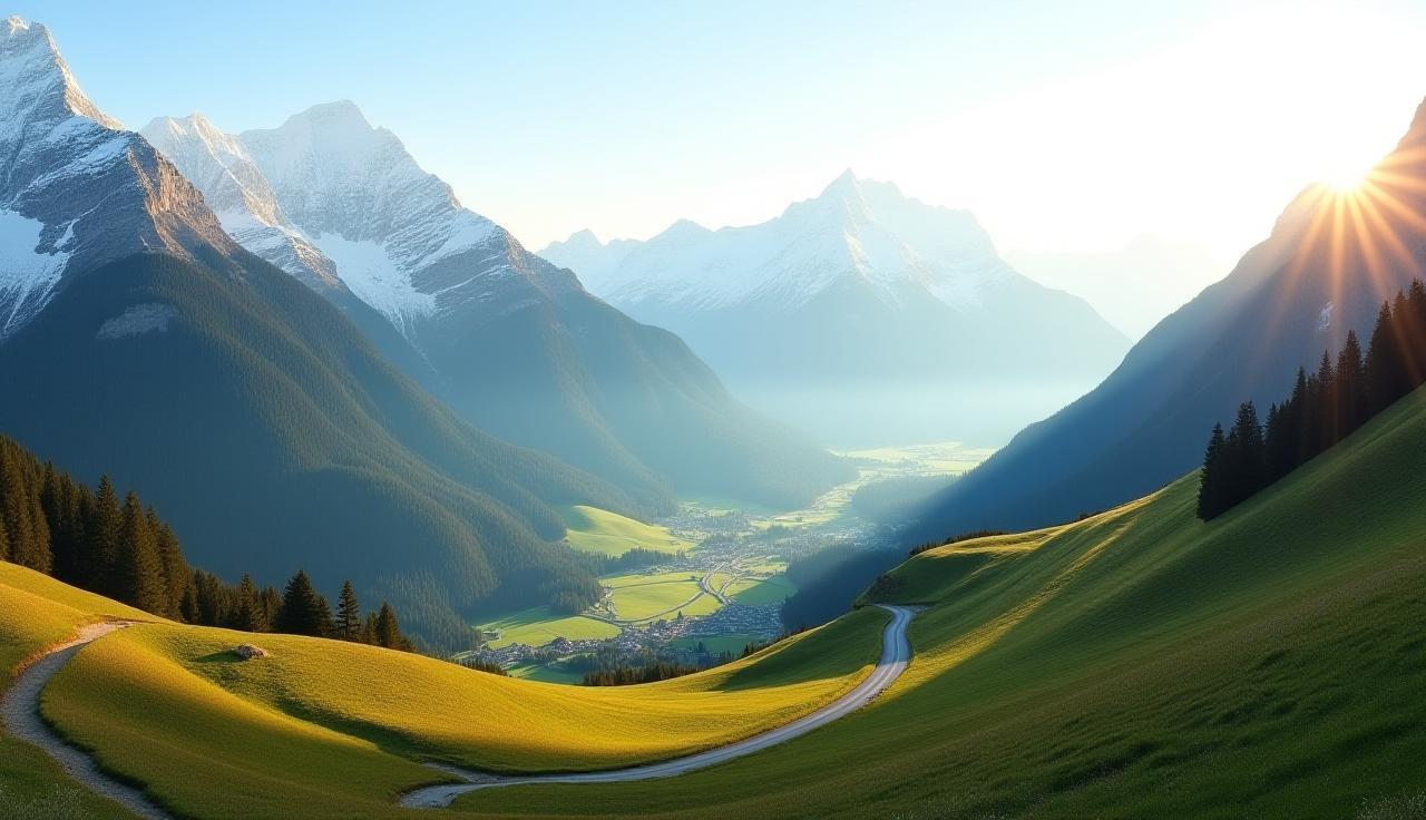 Panoramic view of a characteristic Swiss landscape with mountains and roads, suitable for 'About Us' section.