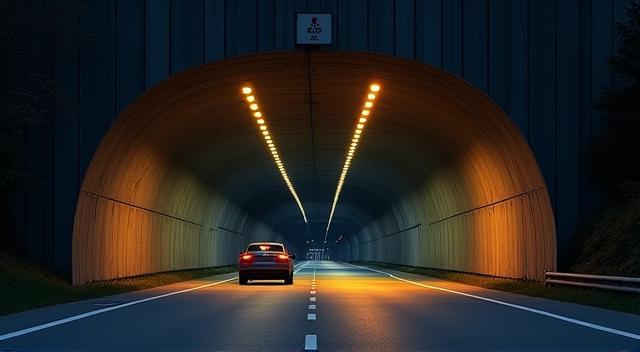 Entrance to a prominent Swiss tunnel with a car entering.