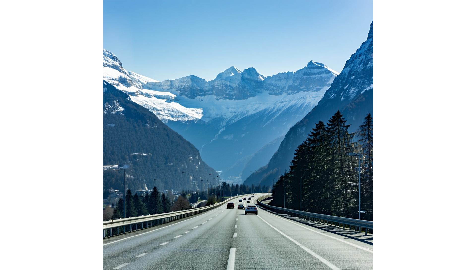 Scenic view of a Swiss autobahn winding through mountains, conveying travel and navigation.