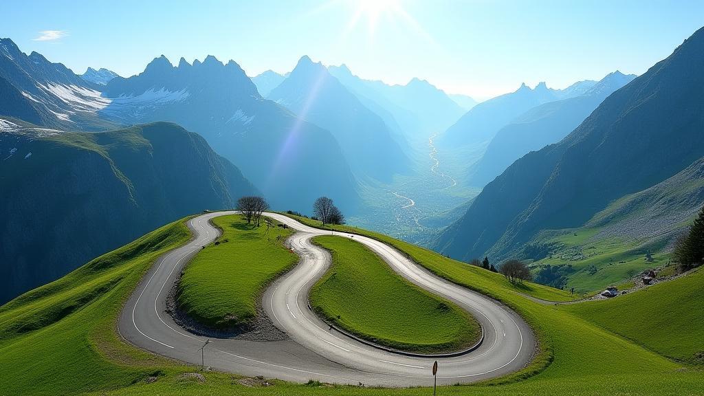 Image of a winding mountain road in the Swiss Alps.