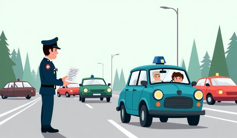 Illustrative image of a police officer next to a car, implying a traffic ticket.