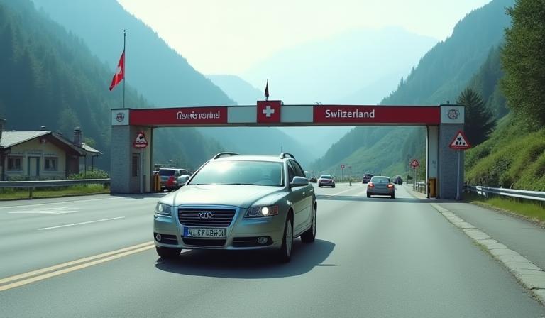 Image depicting a car at a Swiss border crossing.